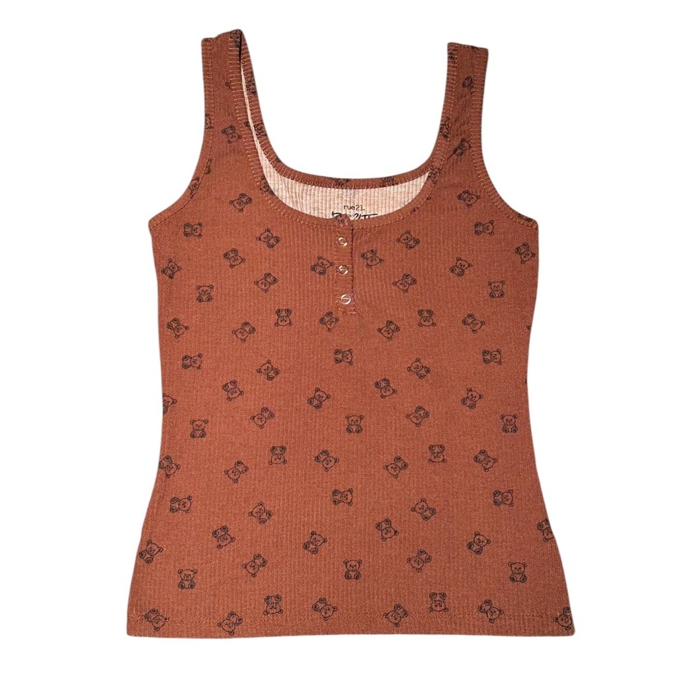 rue21 Henley Tank Top Women Medium Brown Teddy Bear Print Ribbed Casual Cute